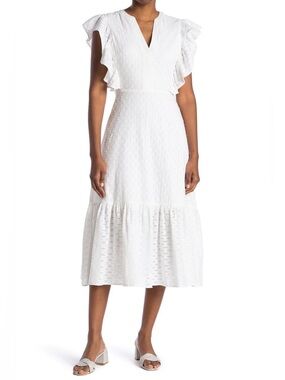 BCBGMAXAZRIA White Ruffle Sleeve Midi Dress / Size 8